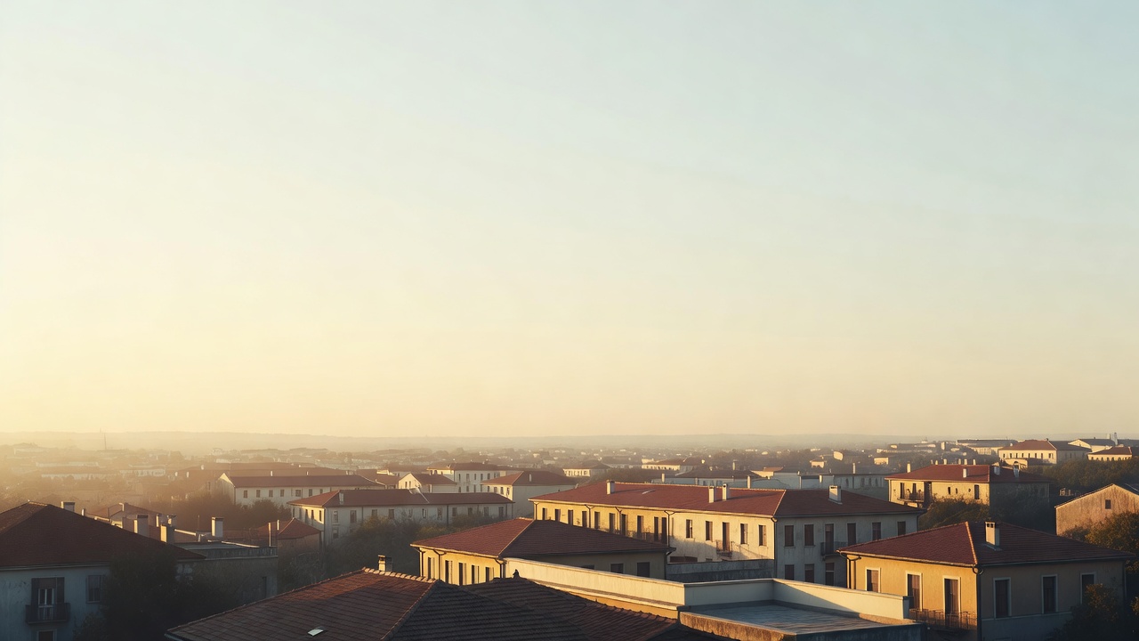 A wide bright daylight scene over calm distant rooftops at golden hour